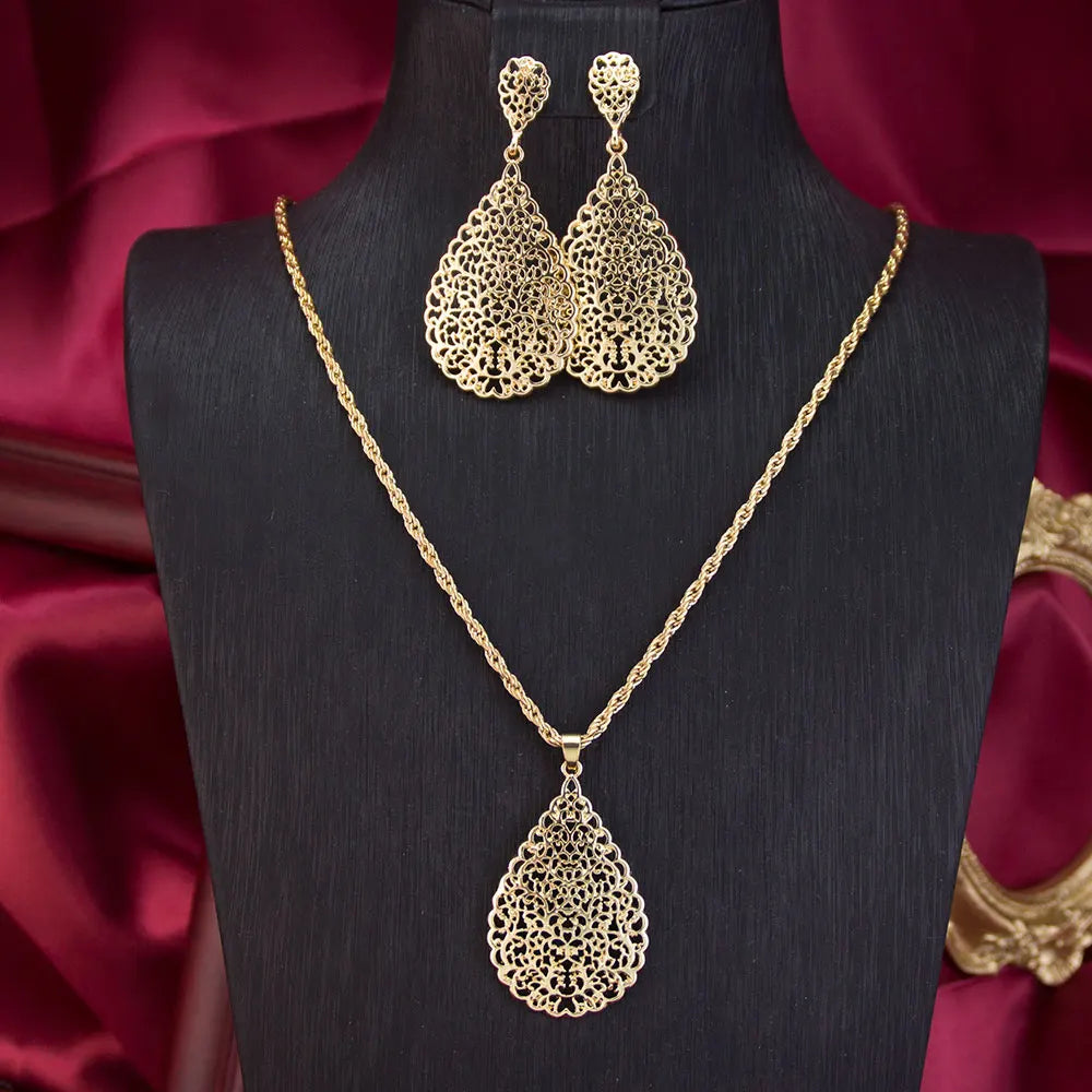 Hollow Teardrop Earrings & Pendant Necklace – Perfect for Moroccan Special Occasions - Majestic Morocco