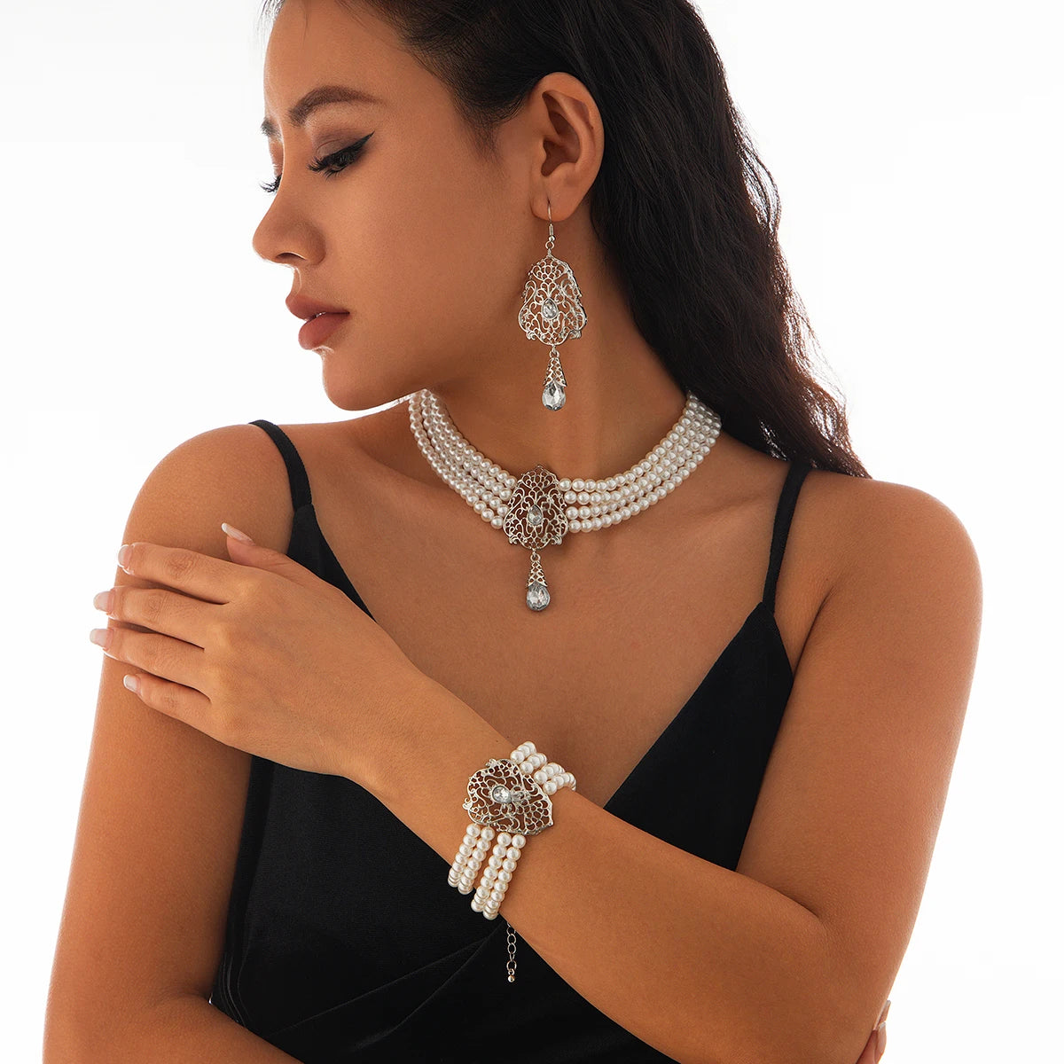 Luxe Pearl & Rhinestone Set – Multilayer Moroccan Necklace, Bracelet & Tassel Drop Earrings - Majestic Morocco