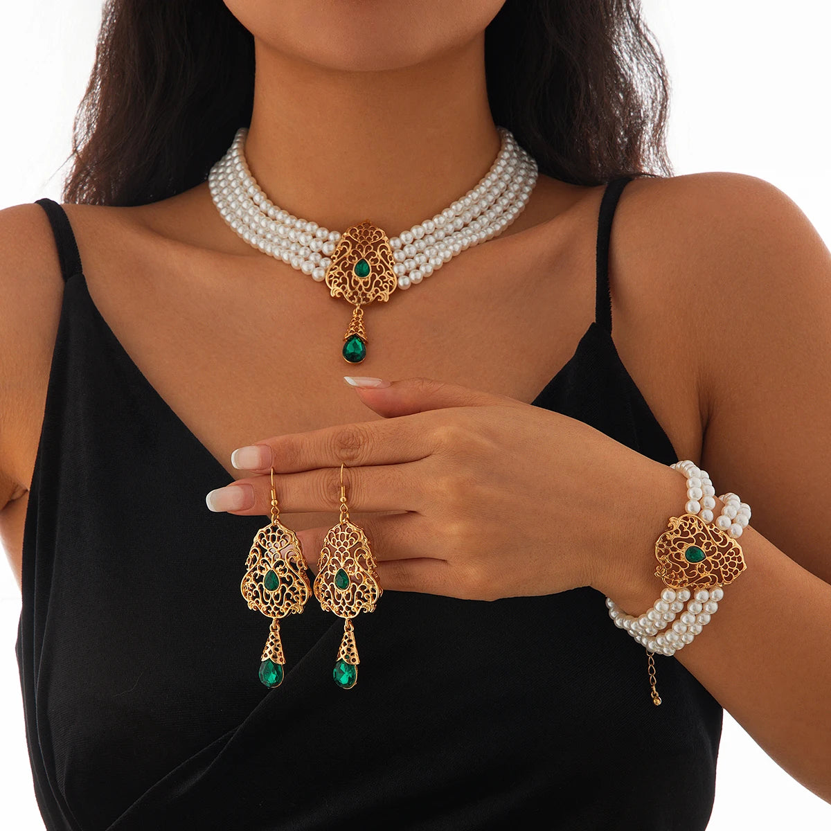 Luxe Pearl & Rhinestone Set – Multilayer Moroccan Necklace, Bracelet & Tassel Drop Earrings - Majestic Morocco