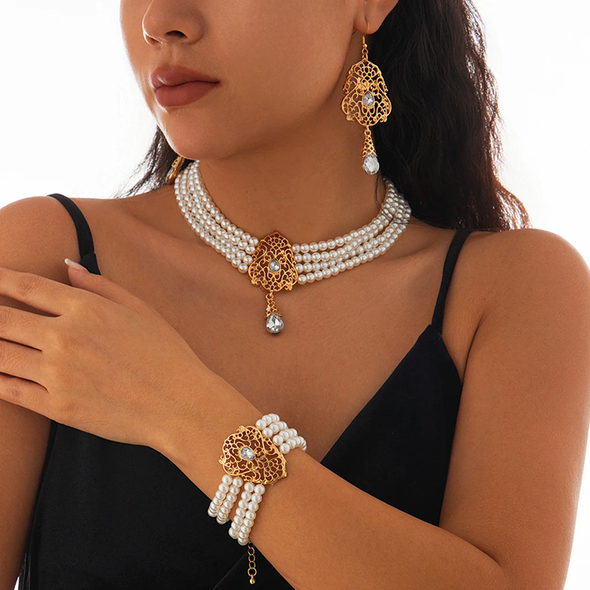 Luxe Pearl & Rhinestone Set – Multilayer Moroccan Necklace, Bracelet & Tassel Drop Earrings - Majestic Morocco