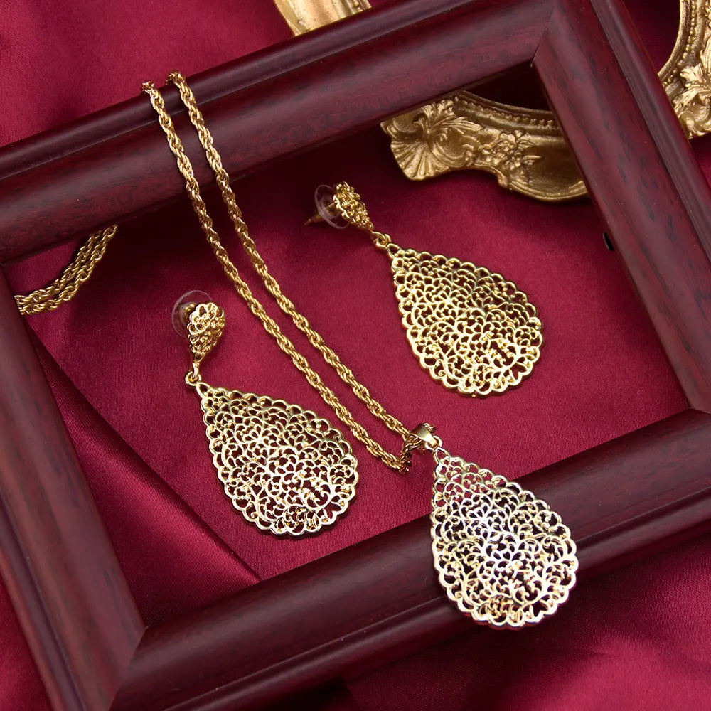 Hollow Teardrop Earrings & Pendant Necklace – Perfect for Moroccan Special Occasions - Majestic Morocco