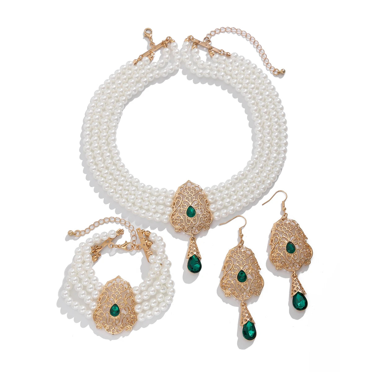 Luxe Pearl & Rhinestone Set – Multilayer Moroccan Necklace, Bracelet & Tassel Drop Earrings - Majestic Morocco