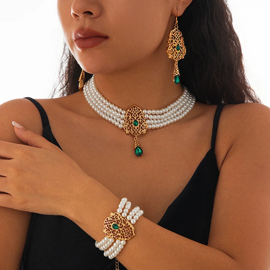 Luxe Pearl & Rhinestone Set – Multilayer Moroccan Necklace, Bracelet & Tassel Drop Earrings - Majestic Morocco