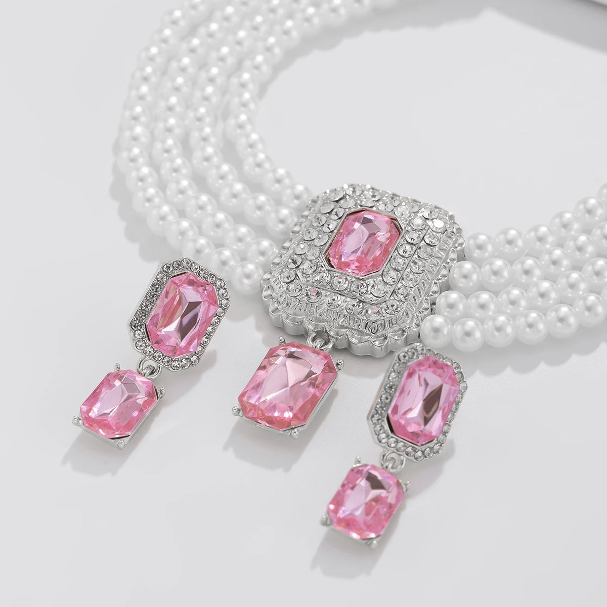 Timeless Pearl Multi-Strand Necklace & Rhinestone Earrings – Perfect for Wedding Elegance - Majestic Morocco