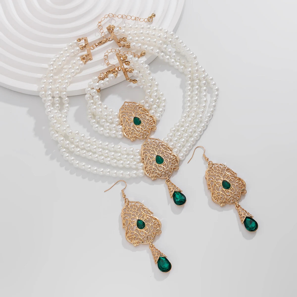 Luxe Pearl & Rhinestone Set – Multilayer Moroccan Necklace, Bracelet & Tassel Drop Earrings - Majestic Morocco