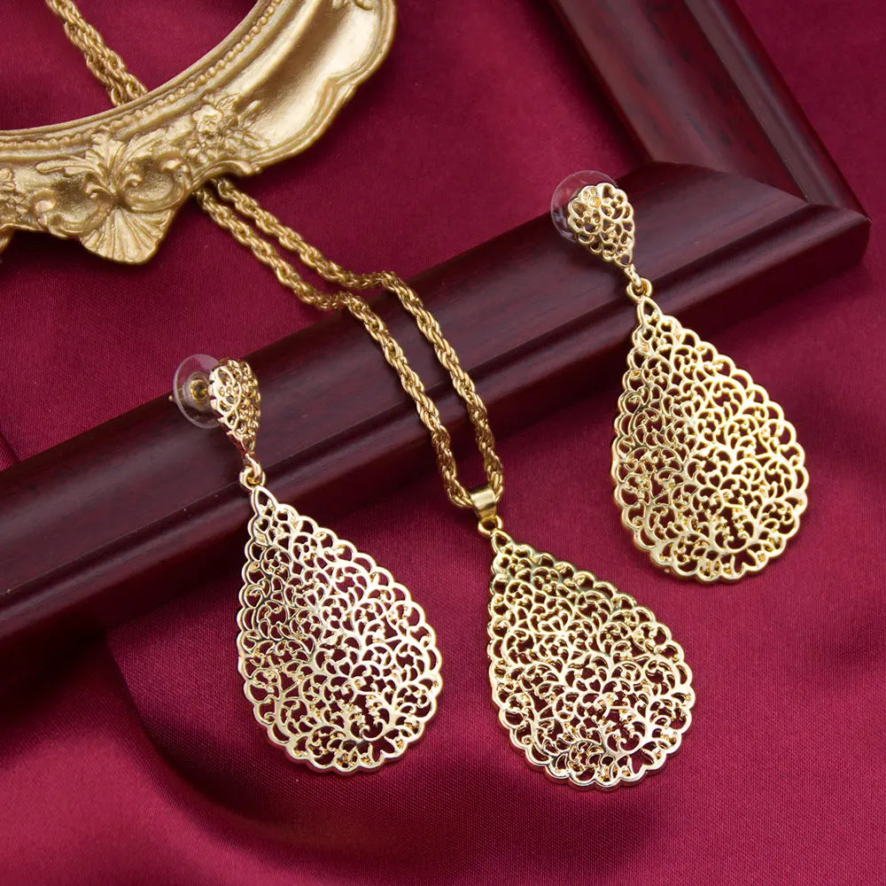 Hollow Teardrop Earrings & Pendant Necklace – Perfect for Moroccan Special Occasions - Majestic Morocco