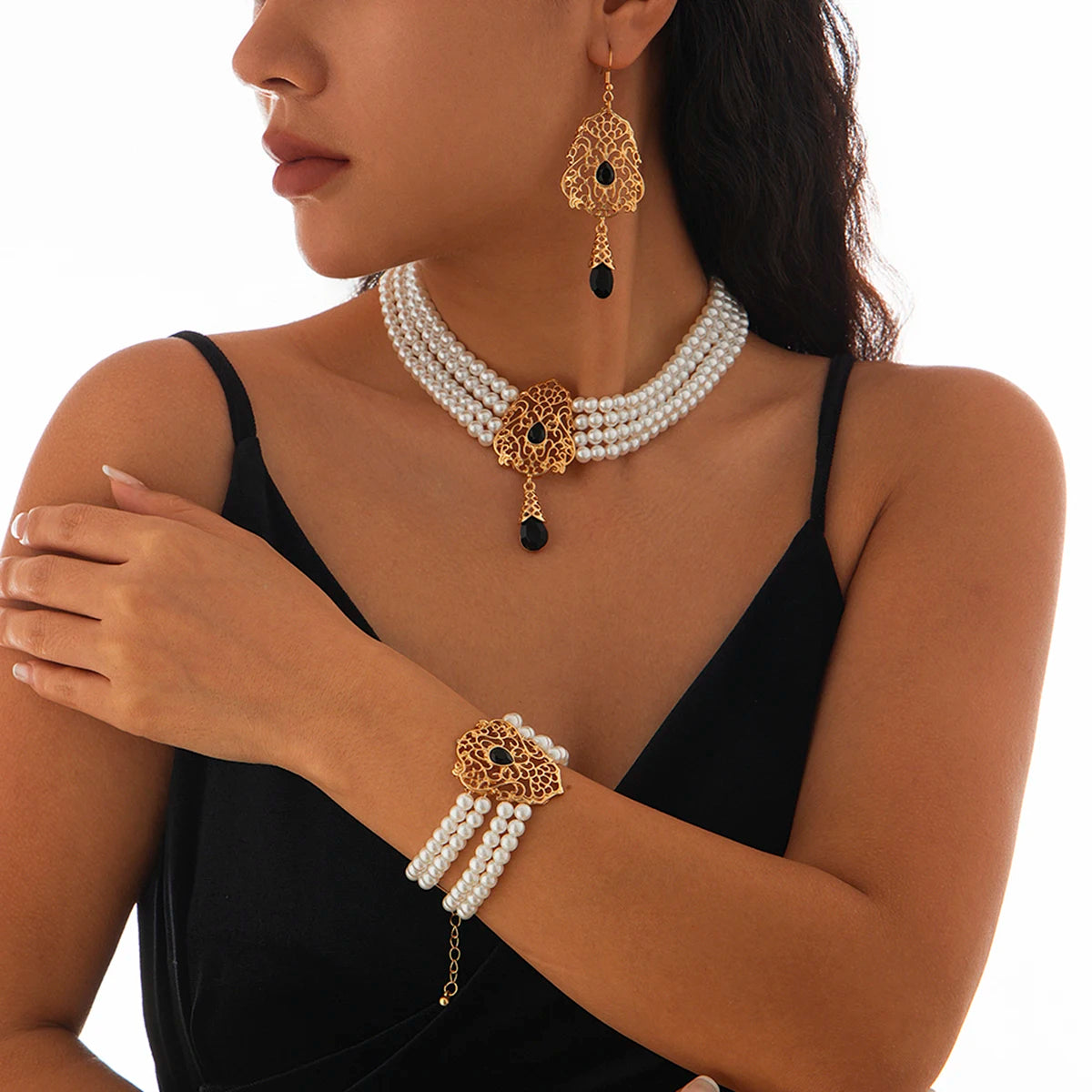 Luxe Pearl & Rhinestone Set – Multilayer Moroccan Necklace, Bracelet & Tassel Drop Earrings - Majestic Morocco