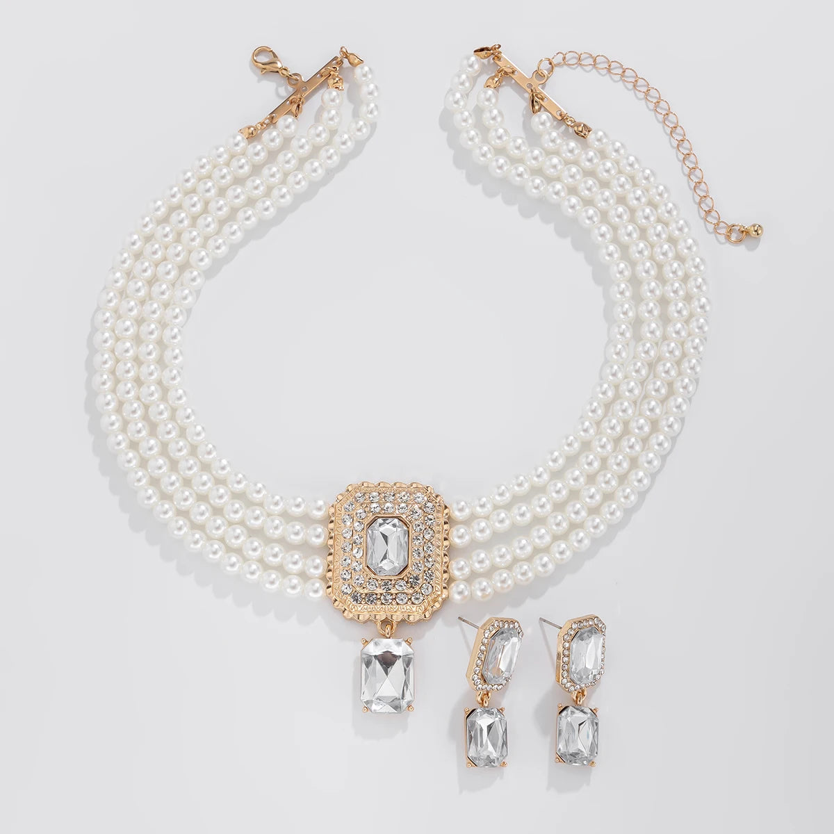 Timeless Pearl Multi-Strand Necklace & Rhinestone Earrings – Perfect for Wedding Elegance - Majestic Morocco