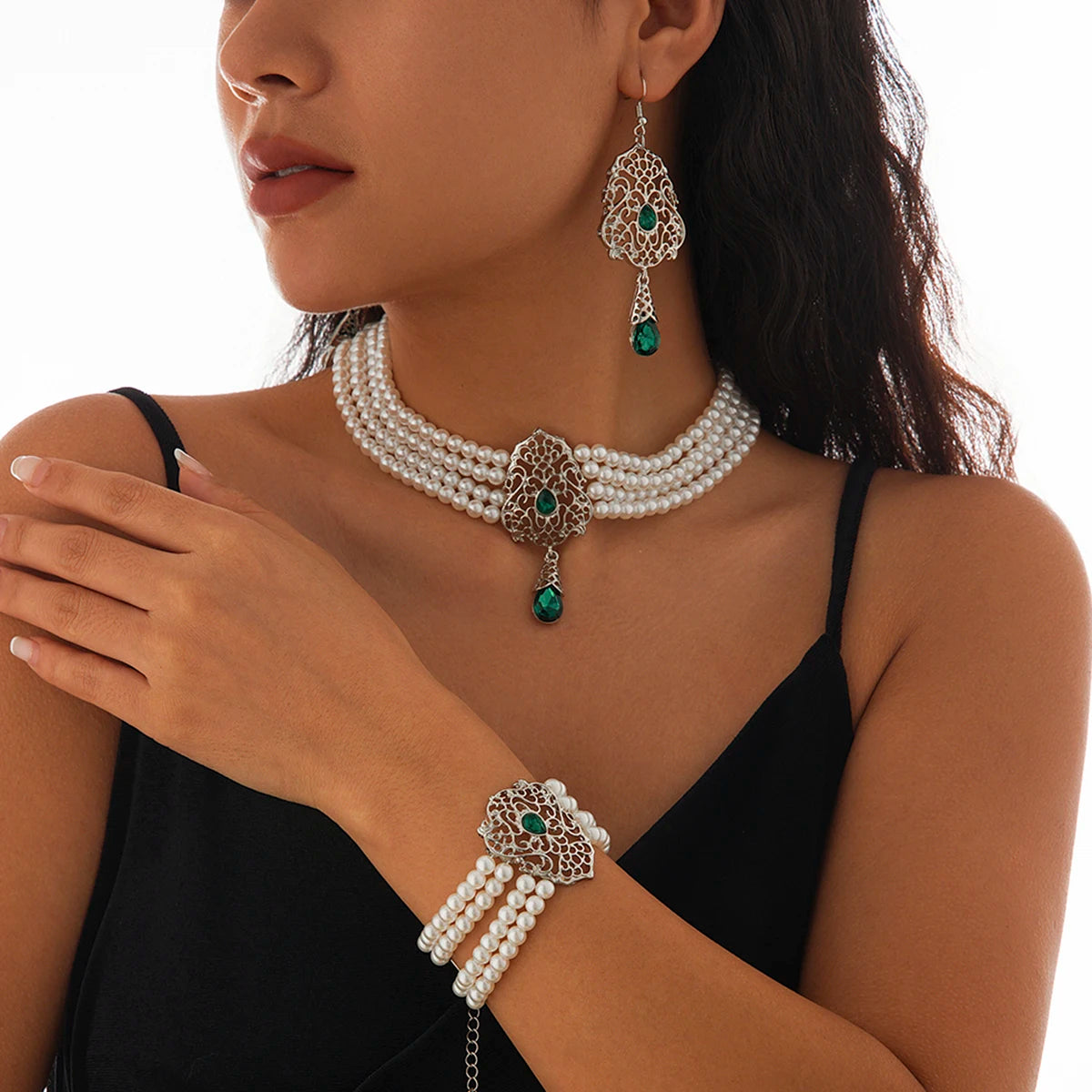 Luxe Pearl & Rhinestone Set – Multilayer Moroccan Necklace, Bracelet & Tassel Drop Earrings - Majestic Morocco