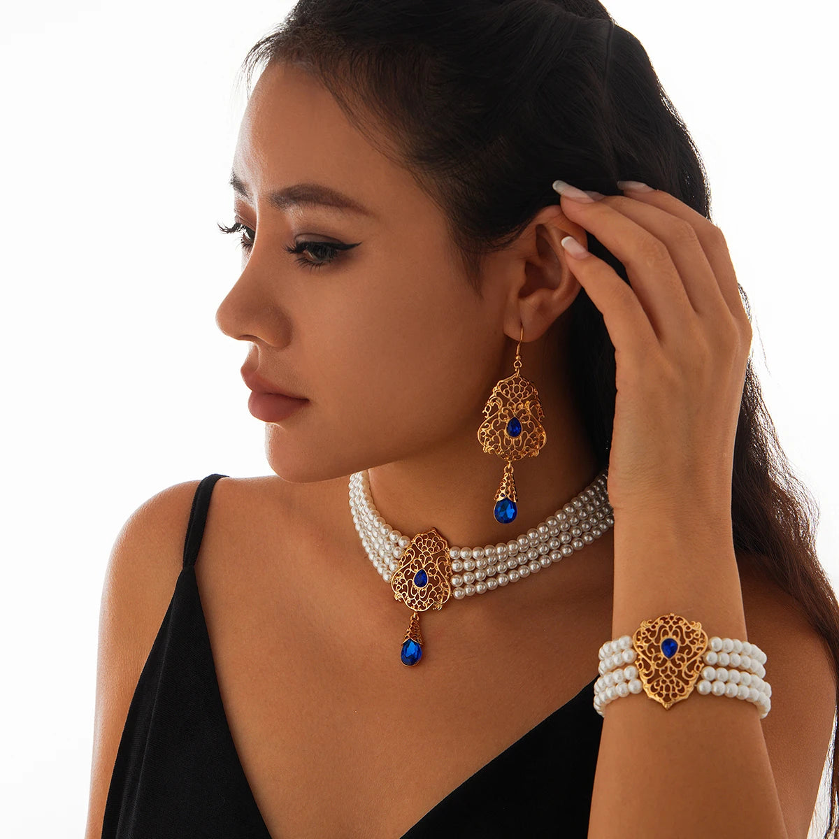 Luxe Pearl & Rhinestone Set – Multilayer Moroccan Necklace, Bracelet & Tassel Drop Earrings - Majestic Morocco
