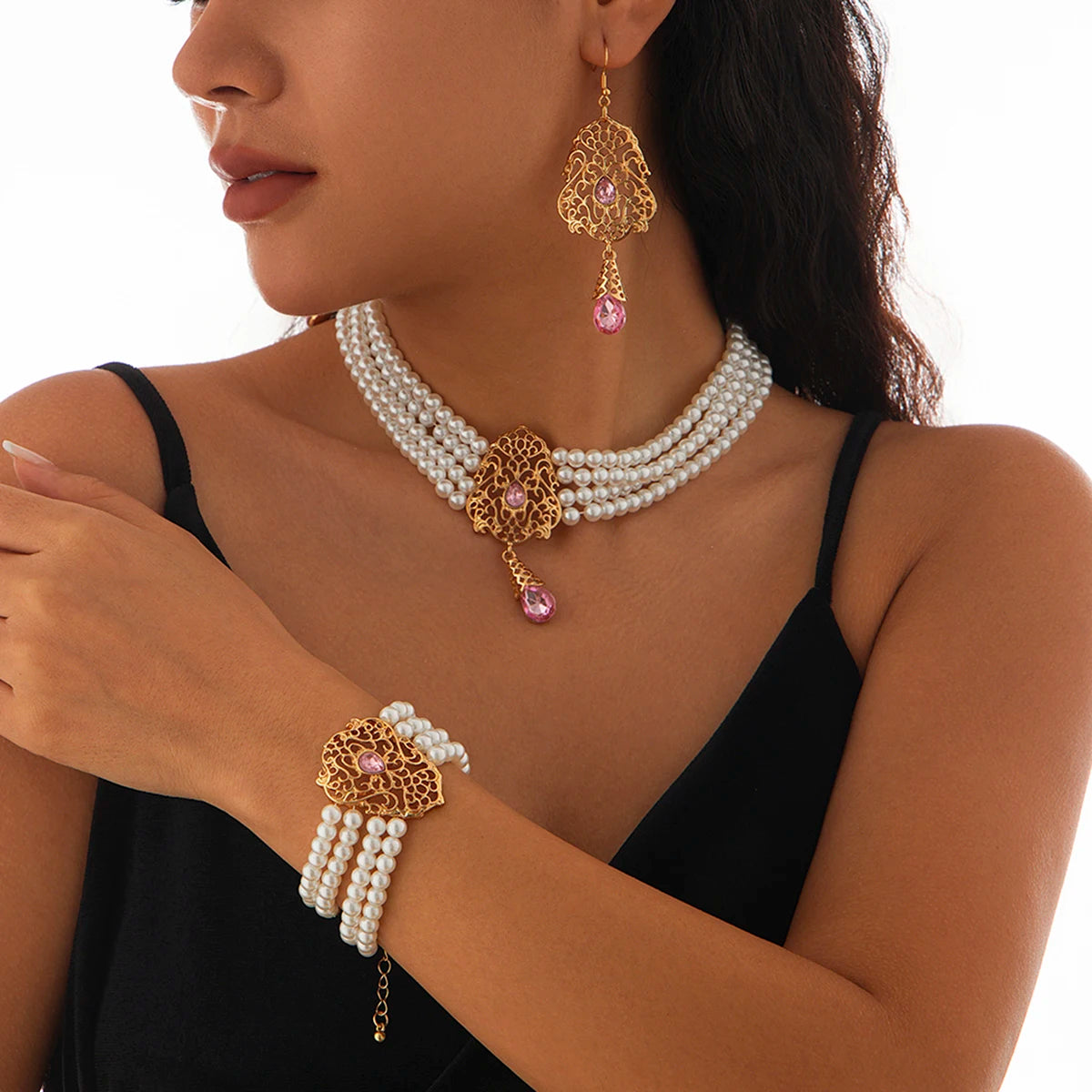 Luxe Pearl & Rhinestone Set – Multilayer Moroccan Necklace, Bracelet & Tassel Drop Earrings - Majestic Morocco