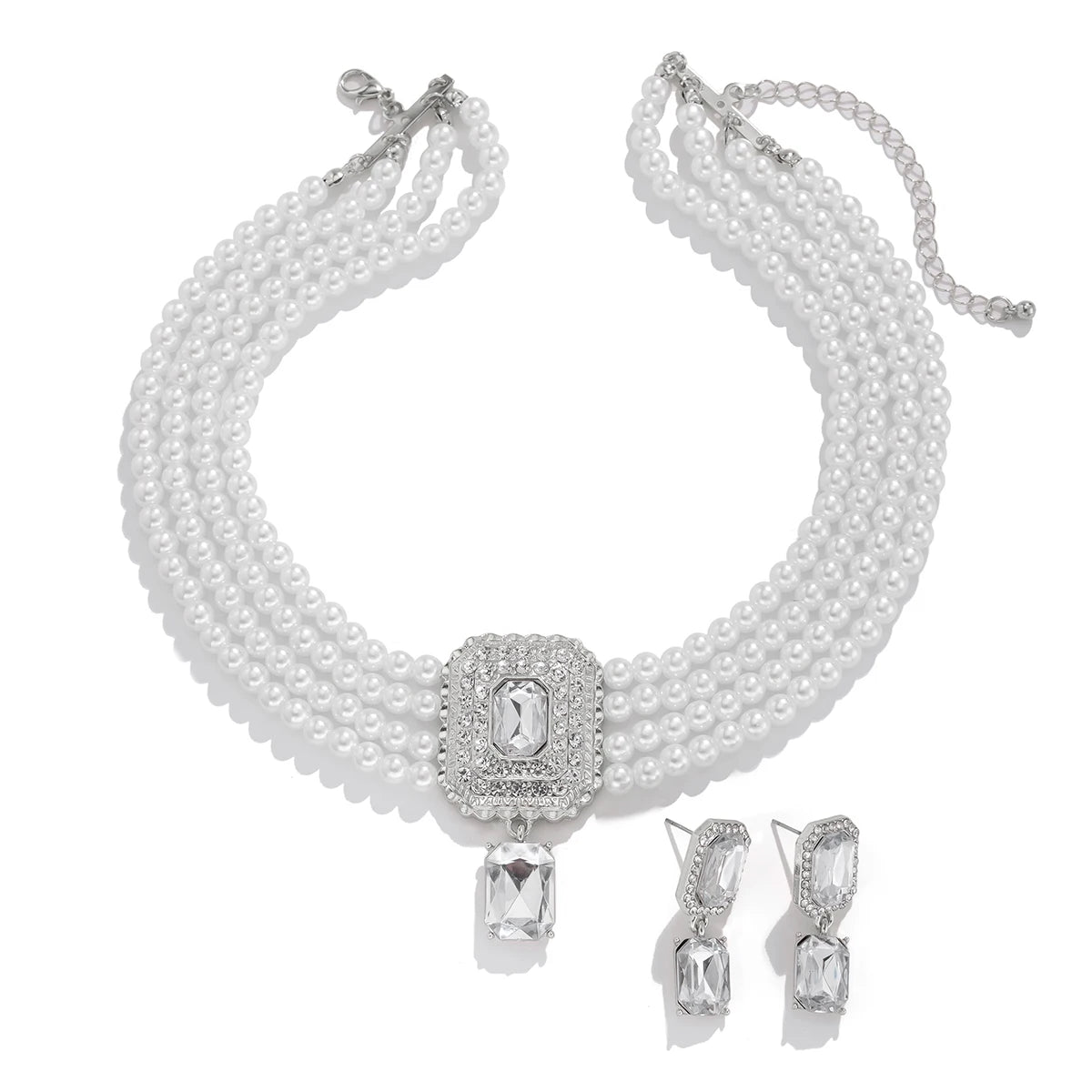 Timeless Pearl Multi-Strand Necklace & Rhinestone Earrings – Perfect for Wedding Elegance - Majestic Morocco