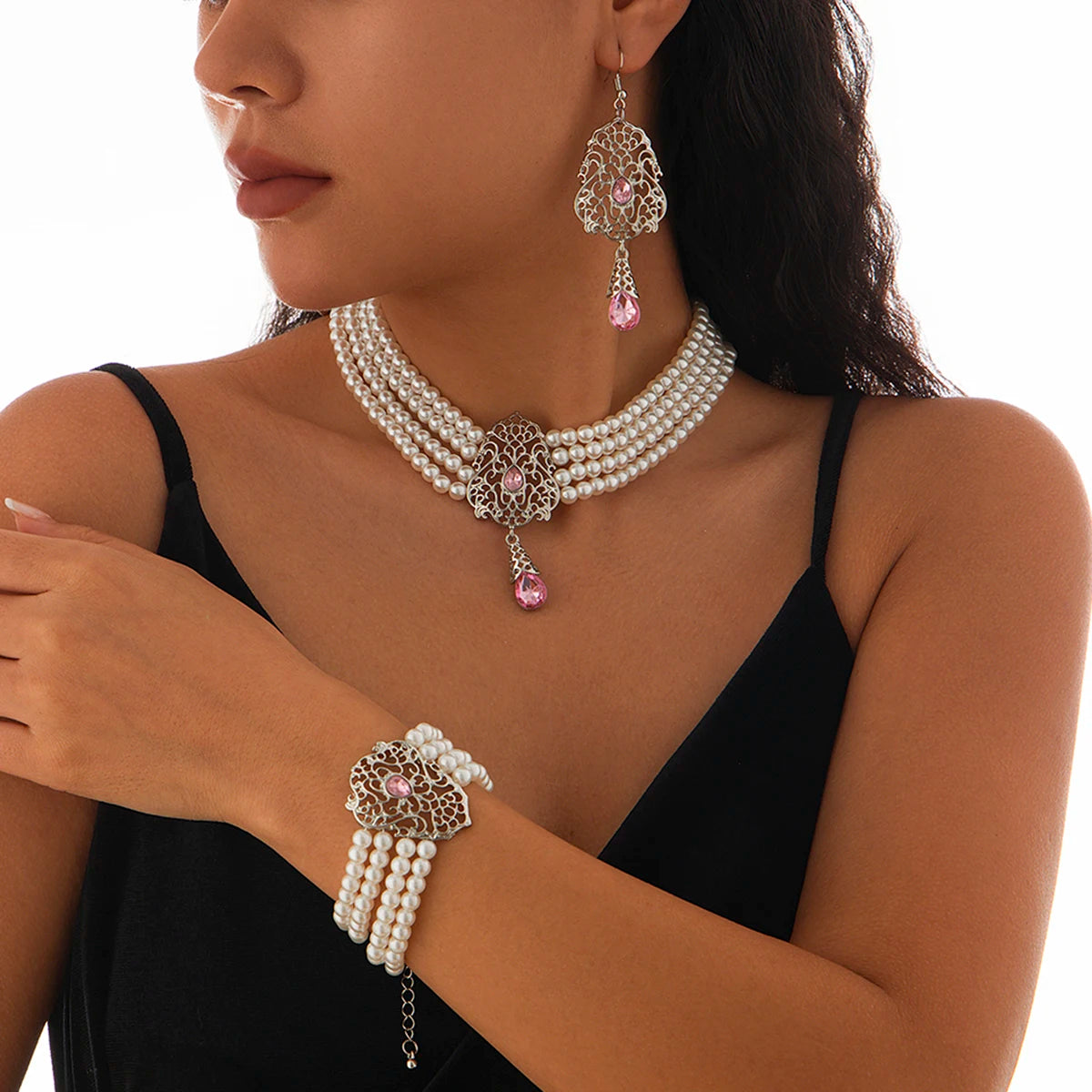 Luxe Pearl & Rhinestone Set – Multilayer Moroccan Necklace, Bracelet & Tassel Drop Earrings - Majestic Morocco
