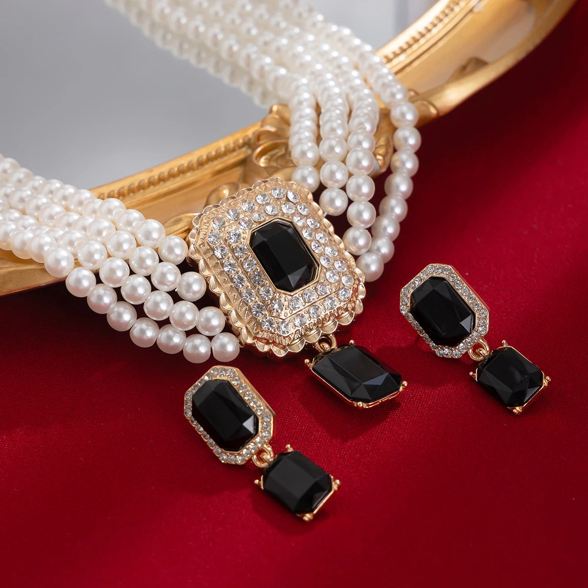 Timeless Pearl Multi-Strand Necklace & Rhinestone Earrings – Perfect for Wedding Elegance - Majestic Morocco