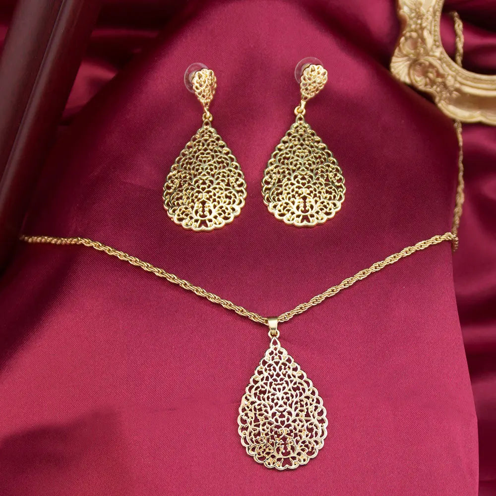 Hollow Teardrop Earrings & Pendant Necklace – Perfect for Moroccan Special Occasions - Majestic Morocco