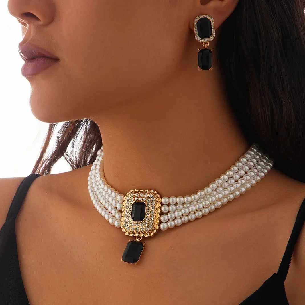 Timeless Pearl Multi-Strand Necklace & Rhinestone Earrings – Perfect for Wedding Elegance - Majestic Morocco